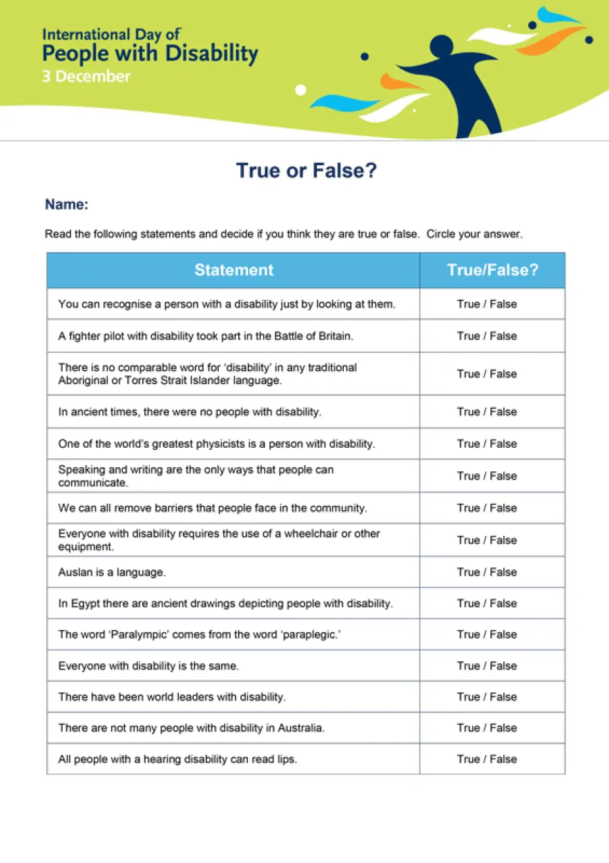True Or False Activity Example School resources | International Day of People with Disability